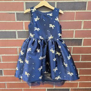 Girls H&M Navy Blue/Gold Unicorn Party Holiday Dress Lined Christmas Sleeveless